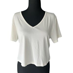 Amazon Women's Cream V-Neck Ribbed Crop Top
